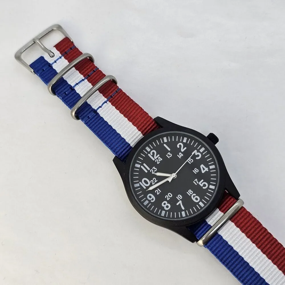 Field Men's Watch 42MM Black Dial Black Case Blue White Red Canvas Band‎ Strap